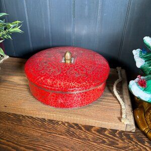 Vintage Red Daher Tin Gold Crackle Container Round Biscuit Cookie Storage Box